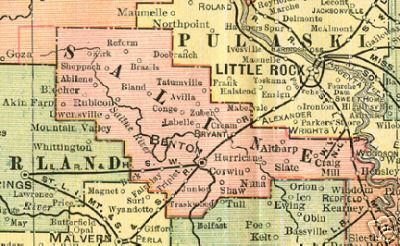 Early map of Saline County, Arkansas including Benton, Bryant, Corwin, Hurricane, Nuna, Rubicon, Abilene, Reform